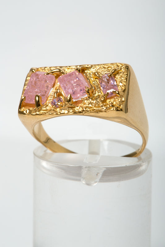 An original 1 of 1 emerald and round pink sapphire CZ sterling silver ring, 18k gold plated set with four stones  Made from recycled 925 sterling silver and sustainable 18k gold plated  Hand crafted in London  Best fit: UK N/O   UK Delivery: £8 delivers the next day before 1pm  Rest of the world: £14 with a 1-2 week delivery aim