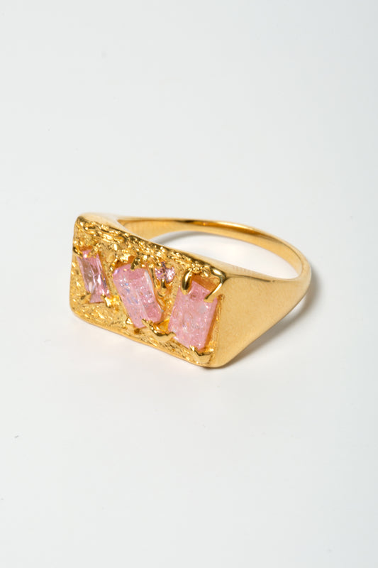 An original 1 of 1 emerald and round pink sapphire CZ sterling silver ring, 18k gold plated set with four stones  Made from recycled 925 sterling silver and sustainable 18k gold plated  Hand crafted in London  Best fit: UK N/O   UK Delivery: £8 delivers the next day before 1pm  Rest of the world: £14 with a 1-2 week delivery aim